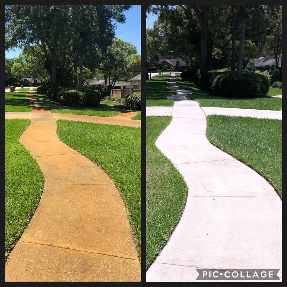 A before and after photo of a sidewalk in a park