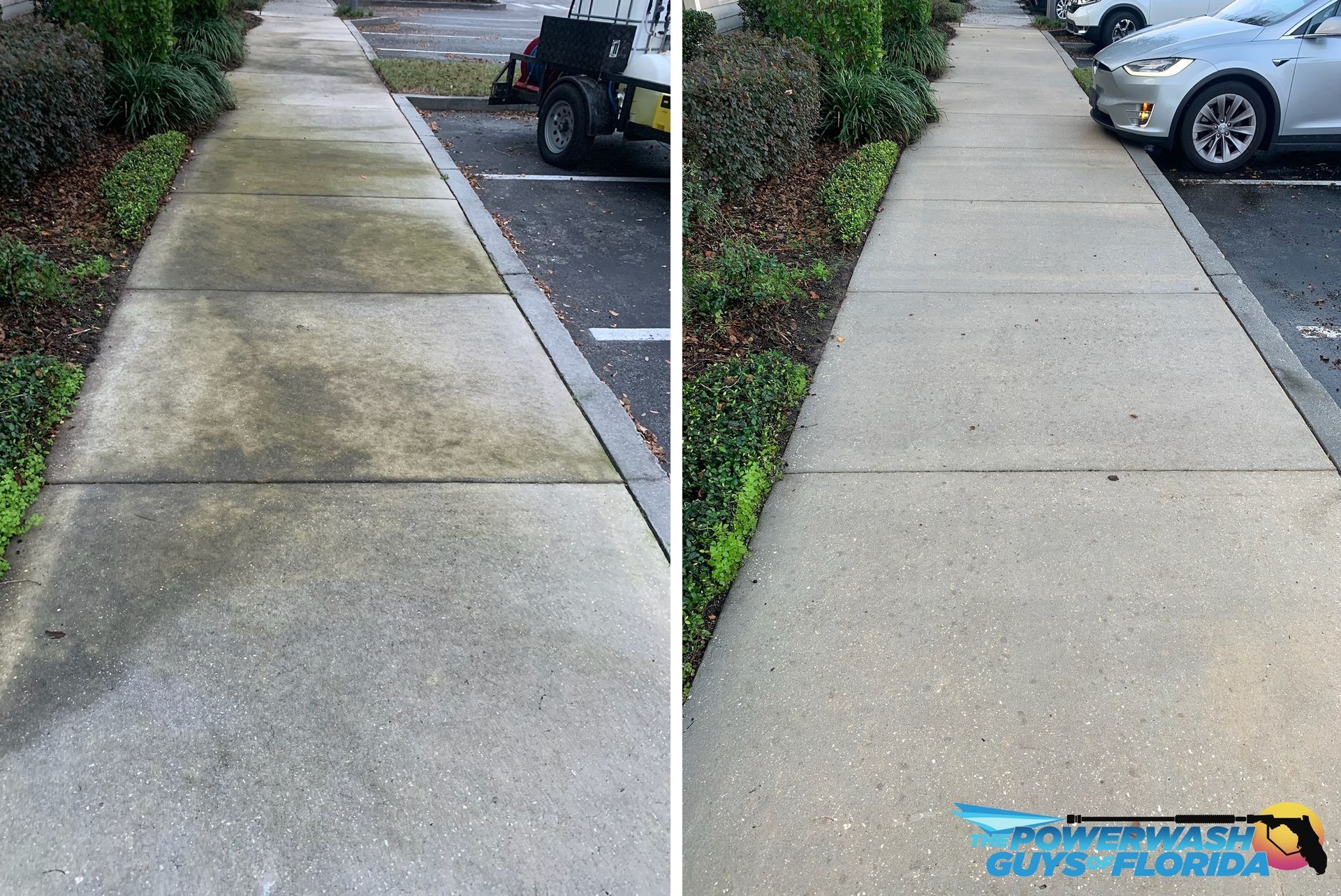 A before and after photo of a sidewalk with cars parked on it.