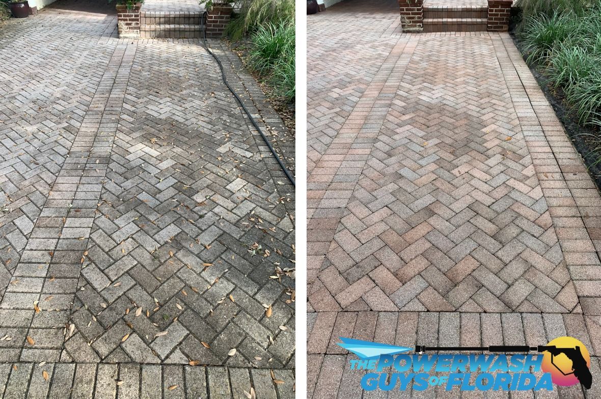 A before and after photo of a brick driveway.