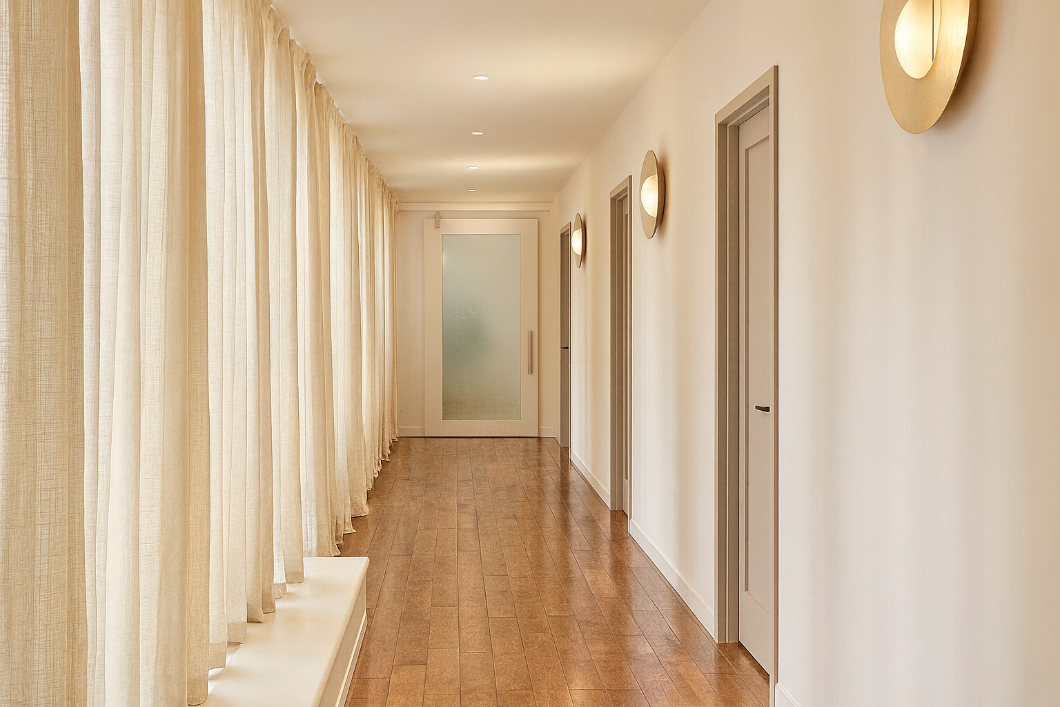 Long hallway with wood floor, doors, and sheer curtains; neutral tones and warm lighting.