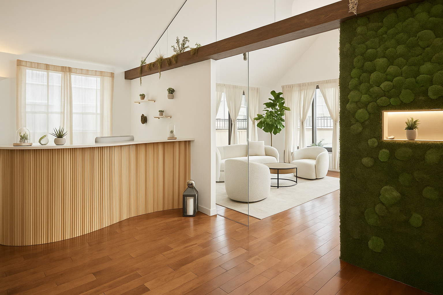 Reception area with a curved wooden desk, moss wall, and light-filled seating area.