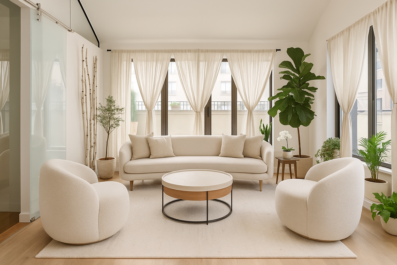 Bright, airy living room with cream-colored furniture, large windows, and various potted plants.