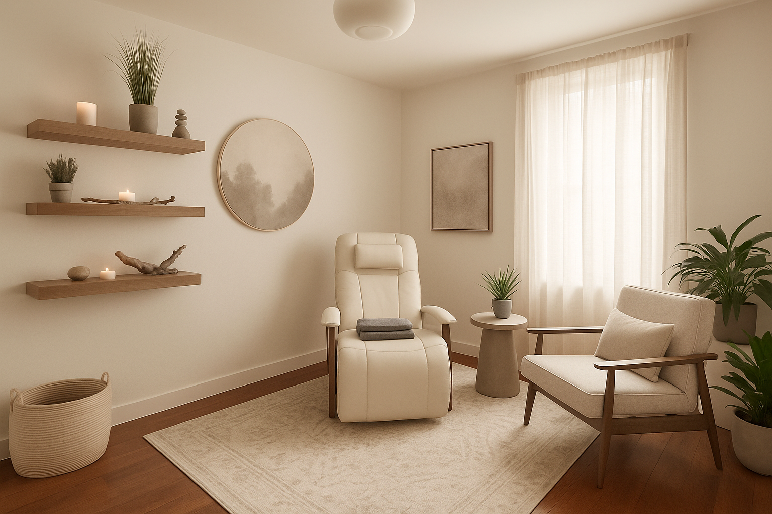 Relaxing room with recliner, wooden furniture, plants, and candles.
