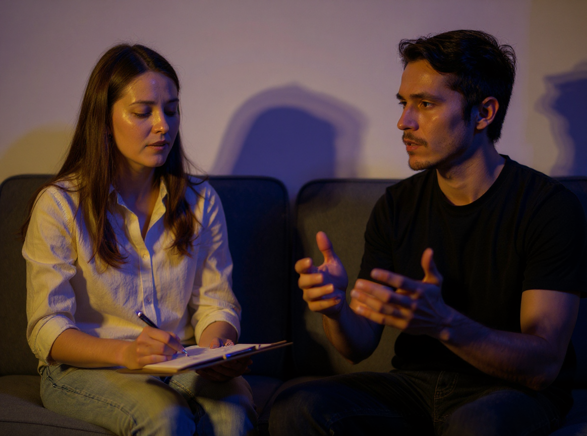 Woman taking notes as man gestures during a counseling session; low lighting.