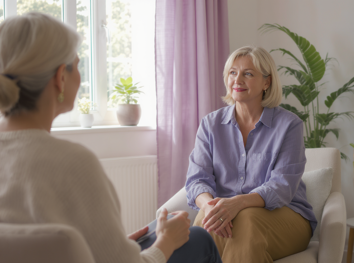 Two older women conversing in a bright room, one listening, one smiling.