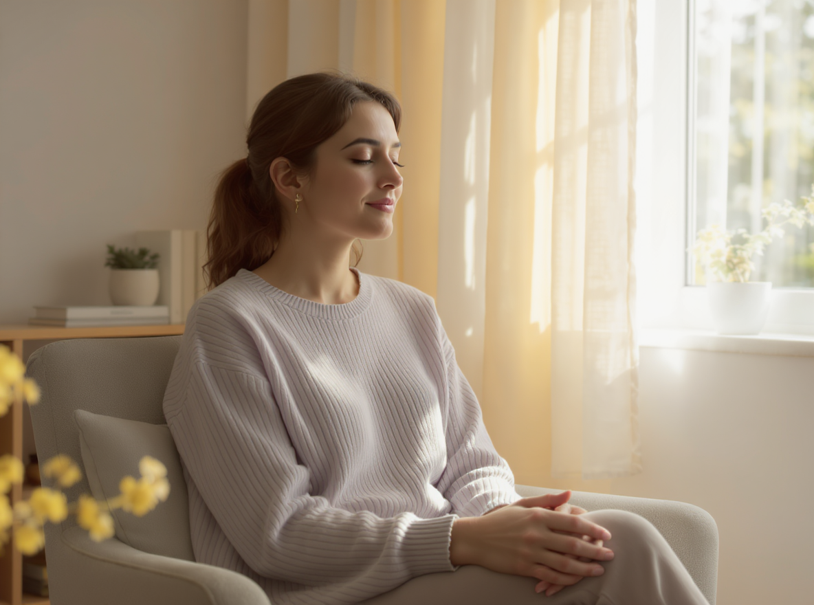 Woman in a light sweater sits in a chair, eyes closed, hands clasped, lit by sunlight.