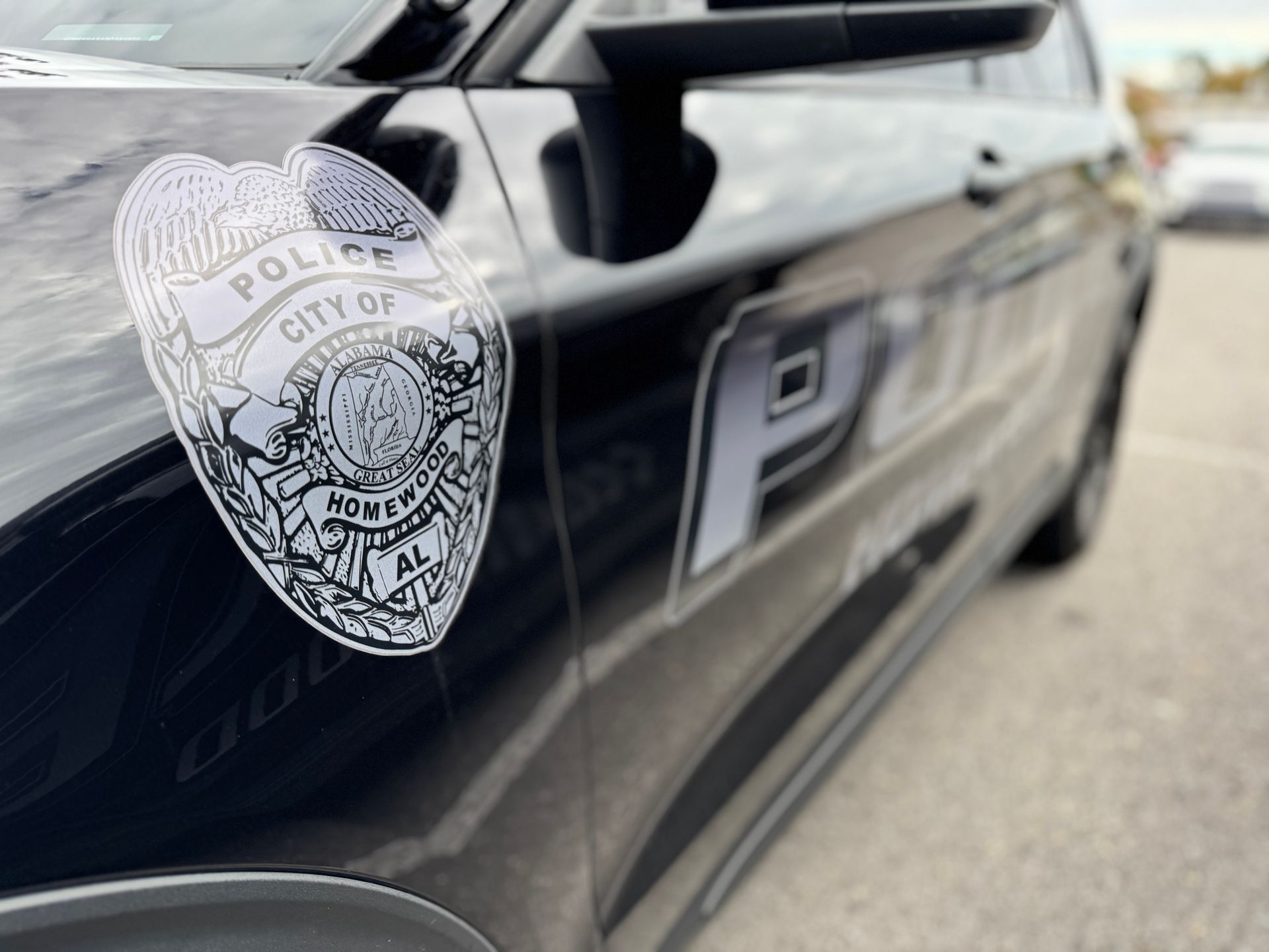 A close up of a police car with a badge on the side.