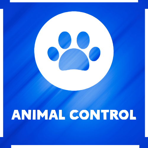 A blue sign with a white paw print and the words animal control