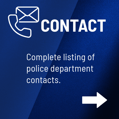 A blue sign that says contact complete listing of police department contacts