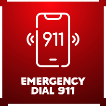 An emergency dial 911 icon with a cell phone on a red background.