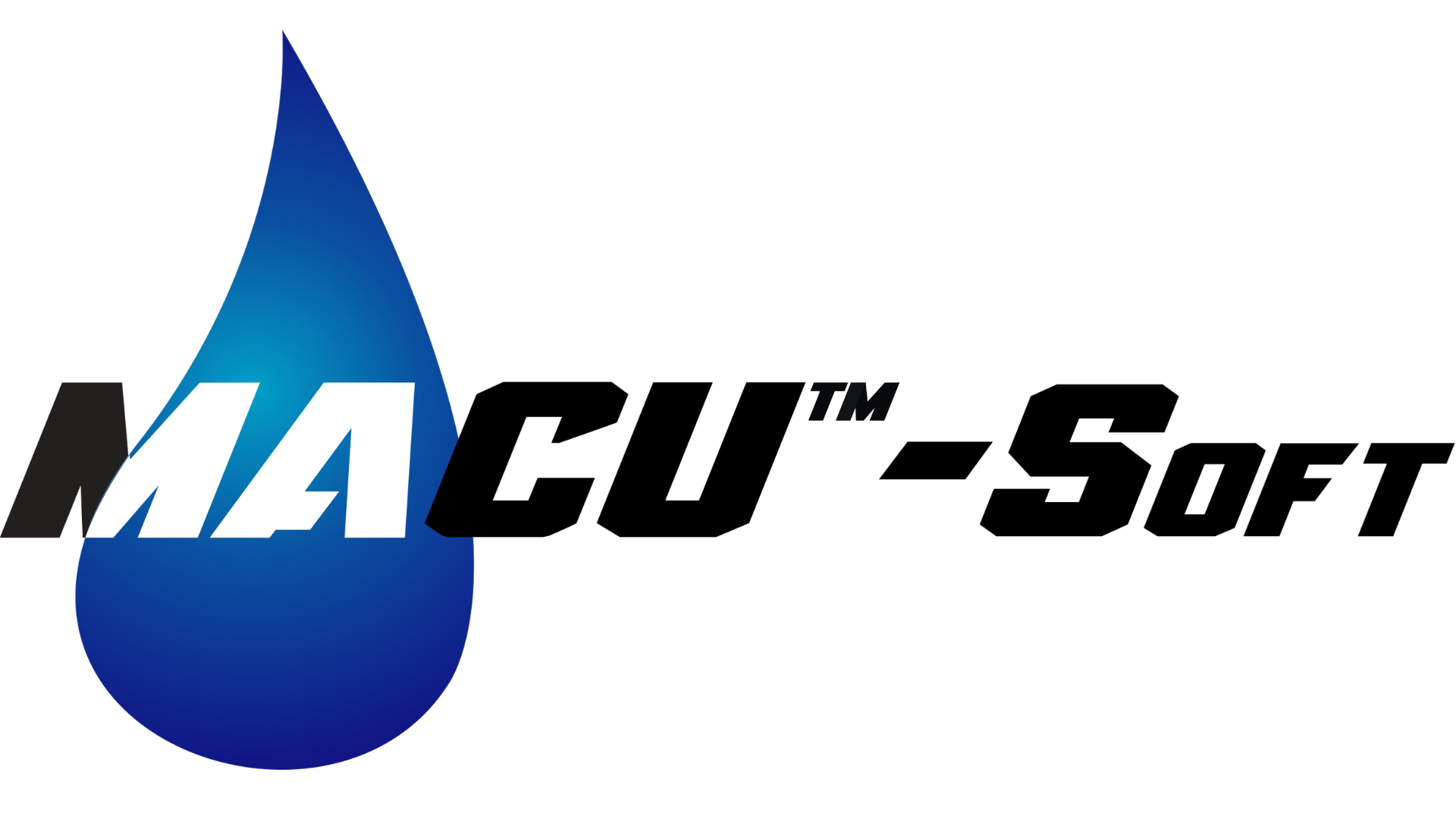 The logo for macu soft is a blue drop of water