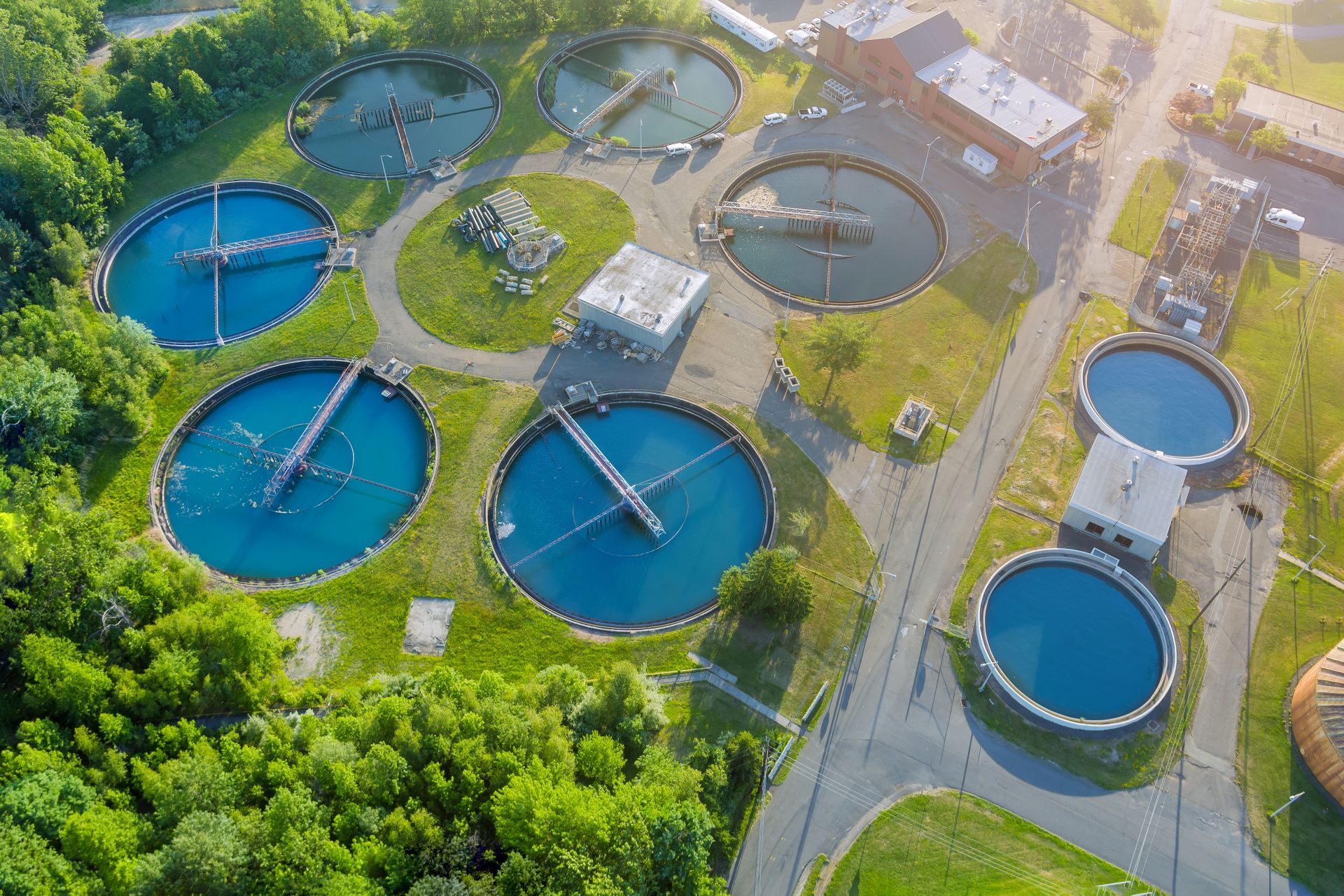 aerial photo of an urban decentralized wastewater  treatment plant