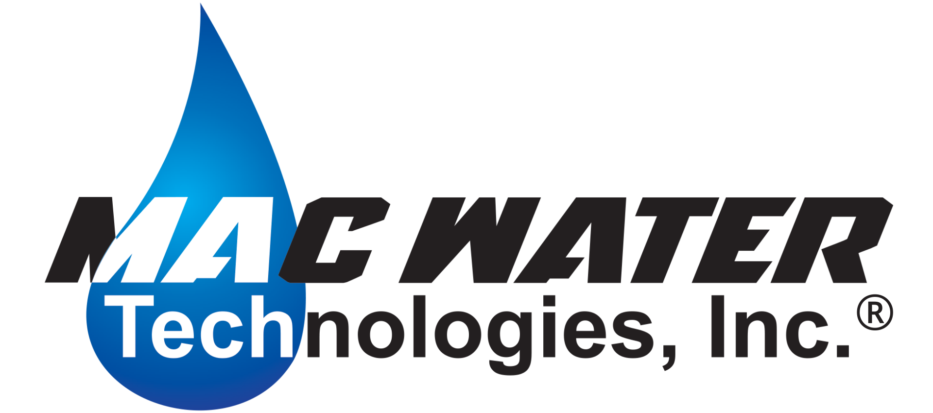 A logo for mac water technologies inc. with a drop of water