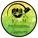 Logo for Y & M Professional Cleaners featuring an illustration of buildings and a mop on a green and yellow bokeh background.