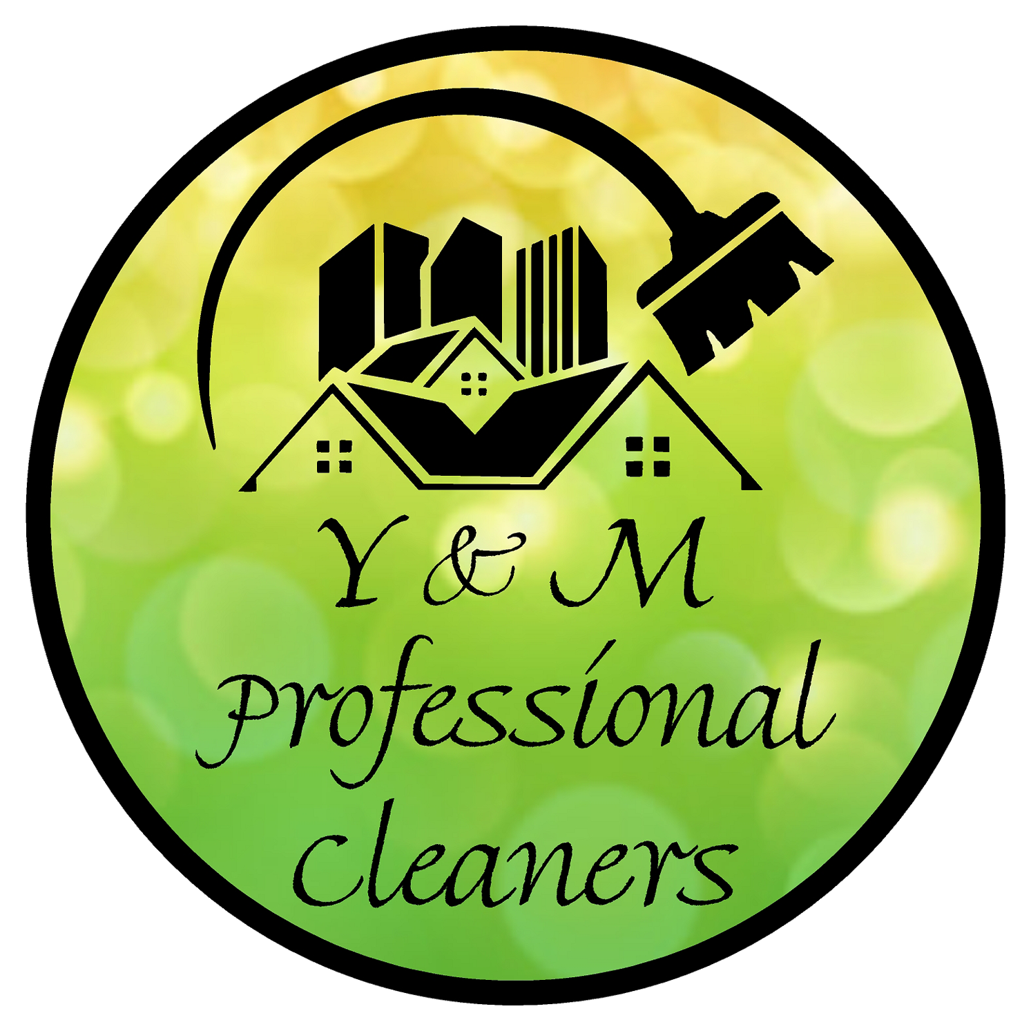 Logo for Y & M Professional Cleaners featuring an illustration of buildings and a mop on a green and yellow bokeh background.