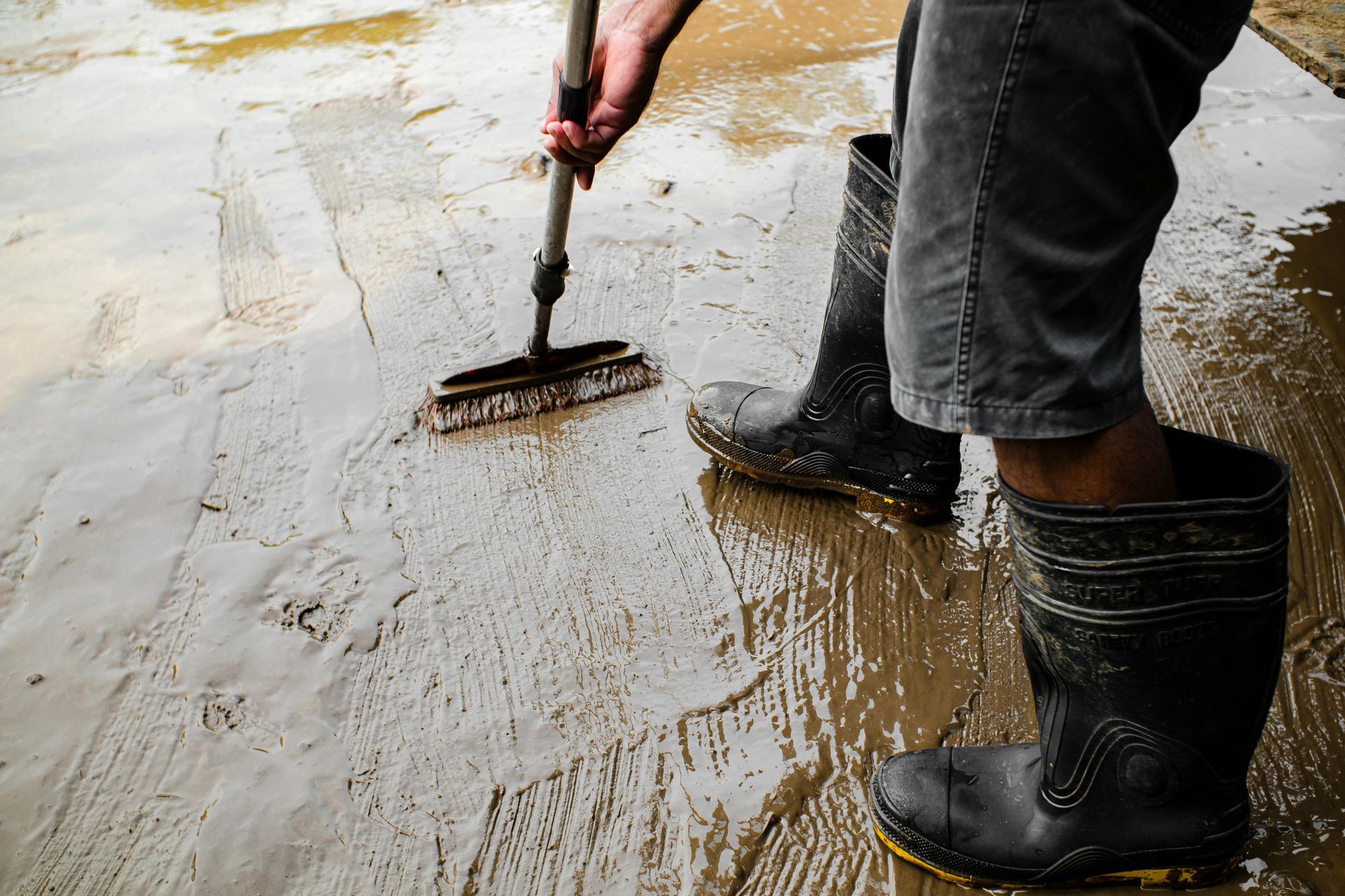 A person wearing rubber boots spreads wet concrete on a surface using a long-handled tool.