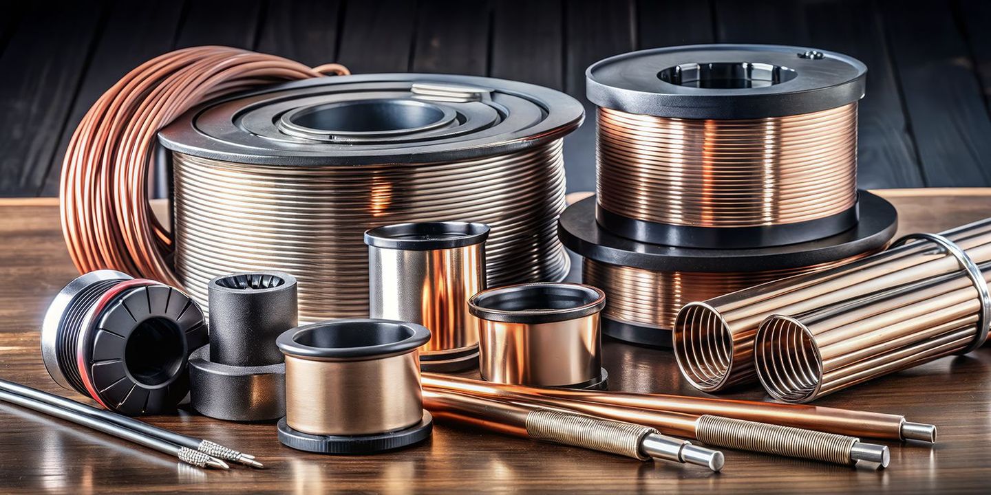 Welding consumables on a table: E71T-1MHA electrode wire, AWS A5.18 filler wire, and shielding gases. Welding consumables on a table: E71T-1MHA electrode wire, AWS A5.18 filler wire, and shielding gases.