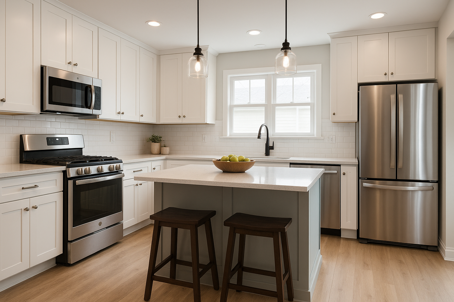 A kitchen with white cabinets , stainless steel appliances , and a large island.