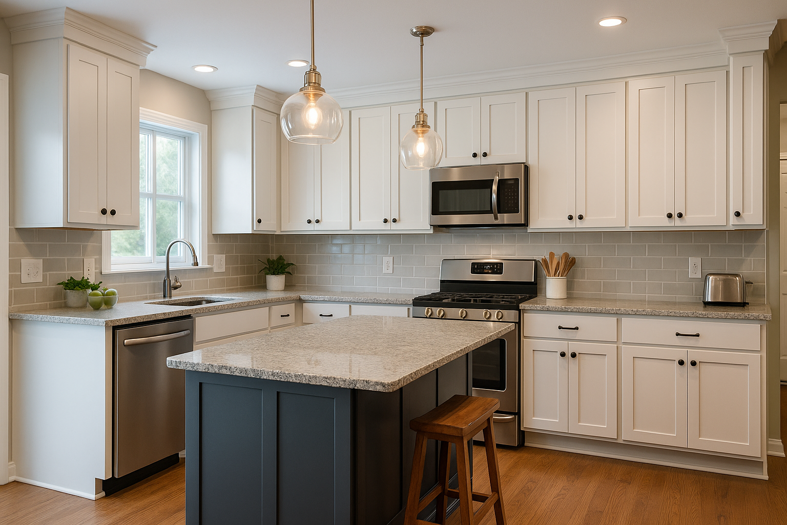 A kitchen with white cabinets , granite counter tops , stainless steel appliances and a large island.
