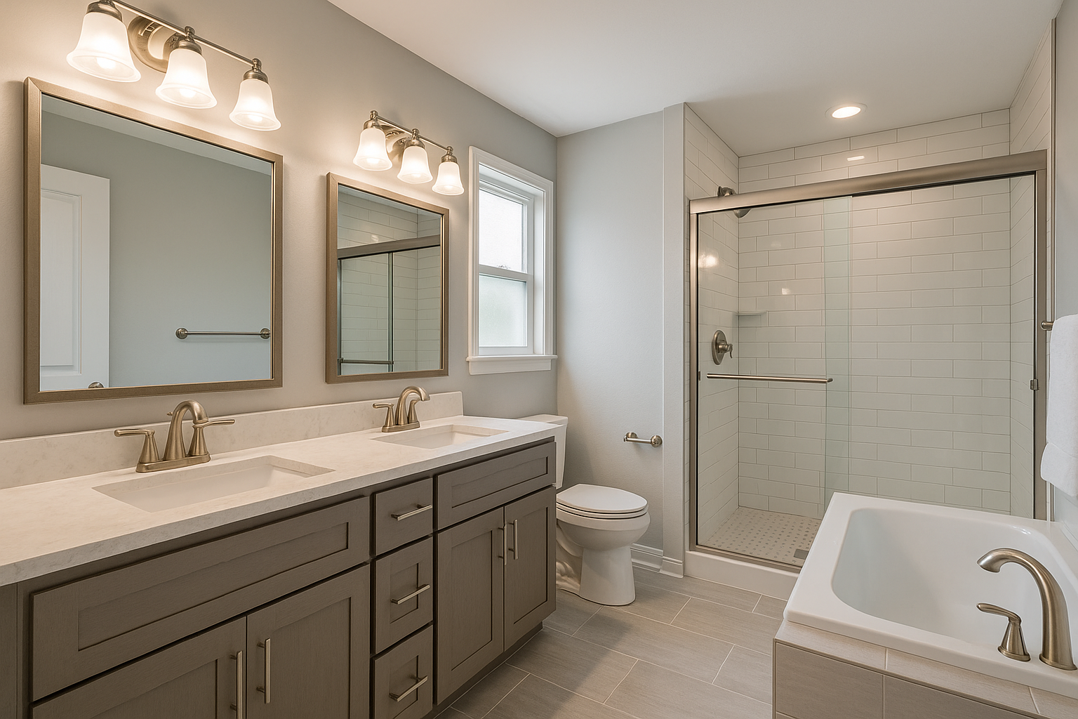 A bathroom with two sinks , a toilet , and a tub.