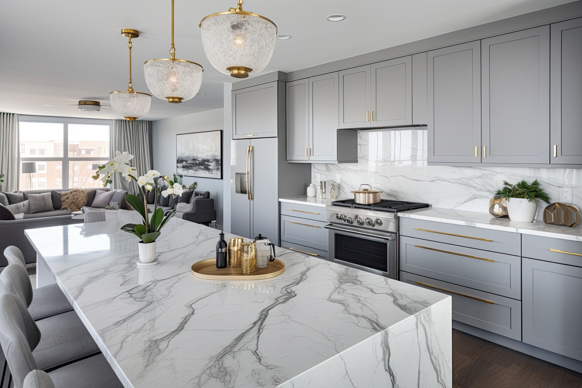 A kitchen with gray cabinets and a marble counter top.