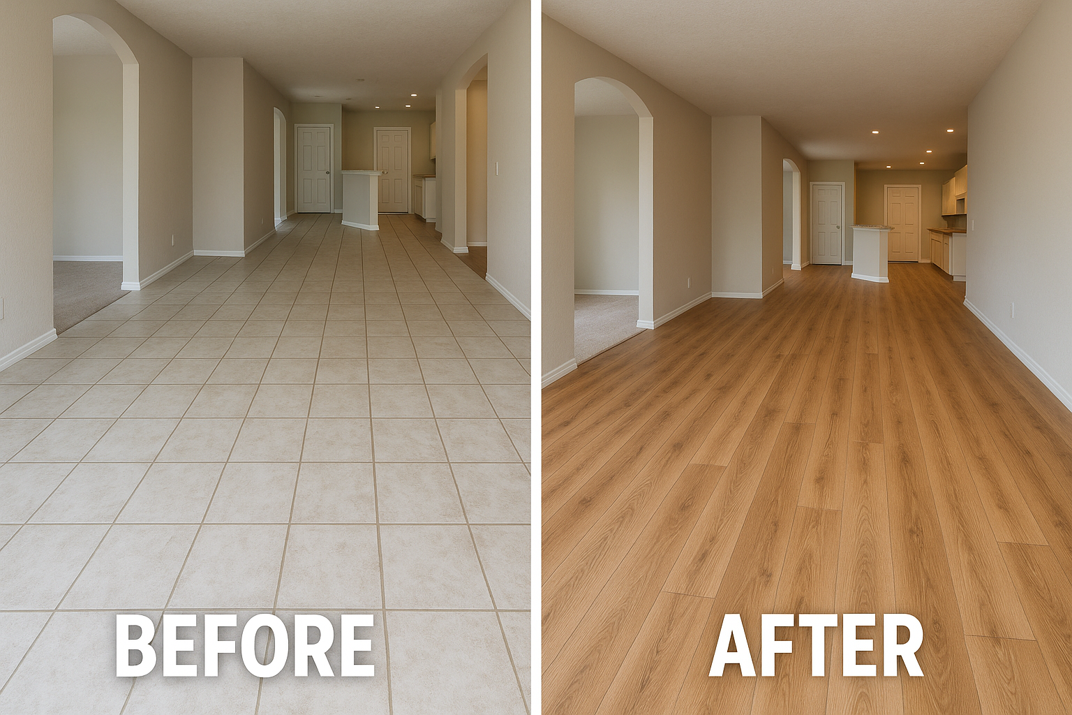 A before and after photo of a living room with tile floors and wood floors.