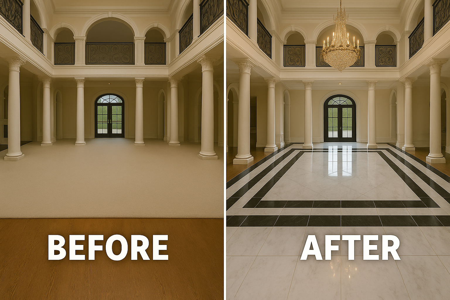 A before and after photo of a large room with columns and a chandelier.