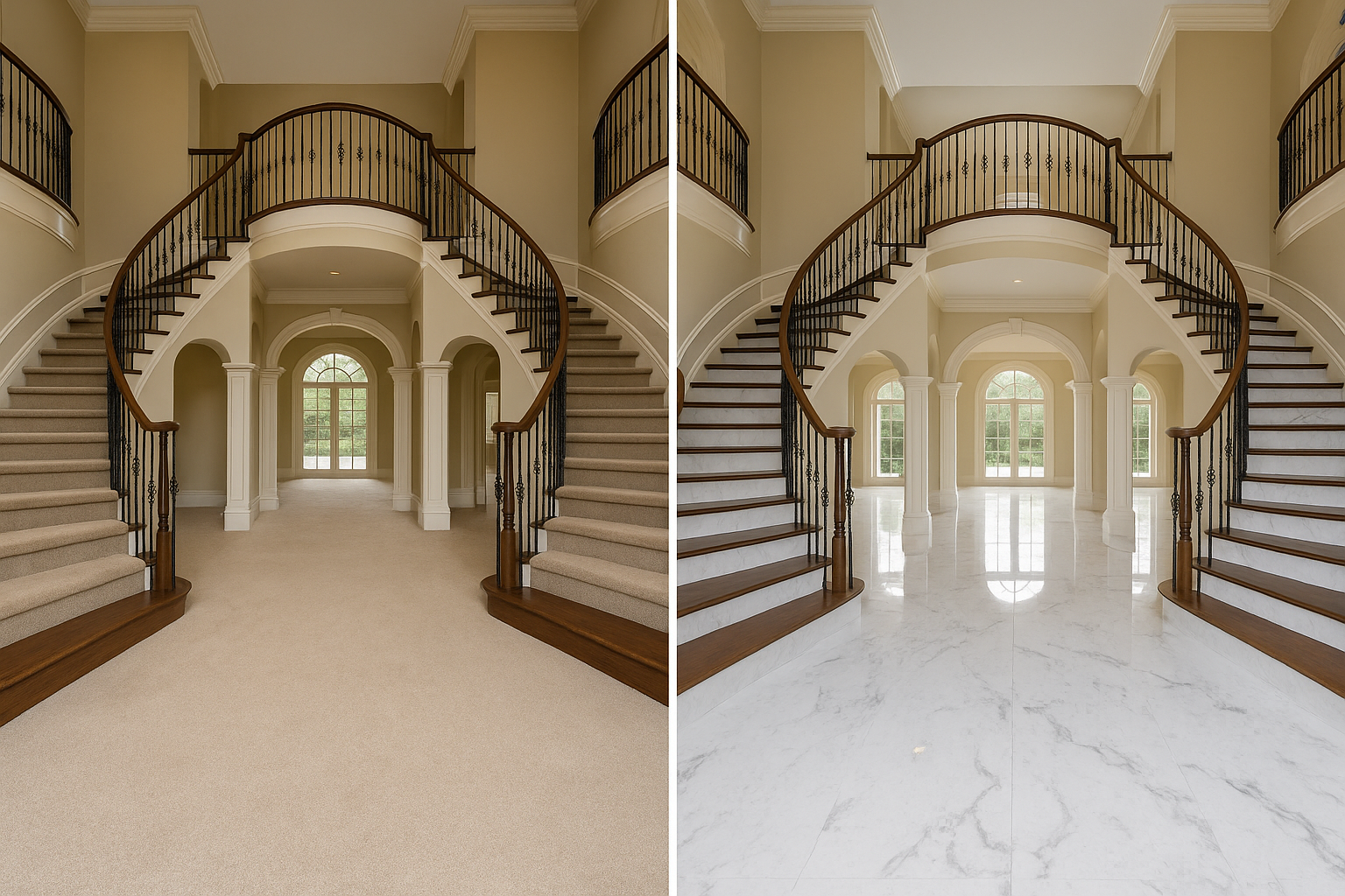 A before and after photo of a staircase in a house.