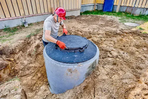 Crew member finishing a drainage system installation with a manhole cover.