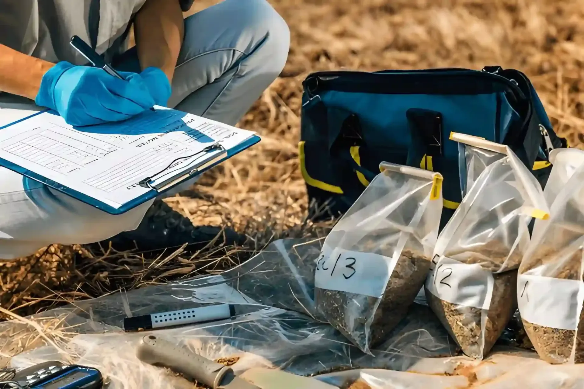 Technician collecting and labeling soil samples for foundation inspection at a repair site.