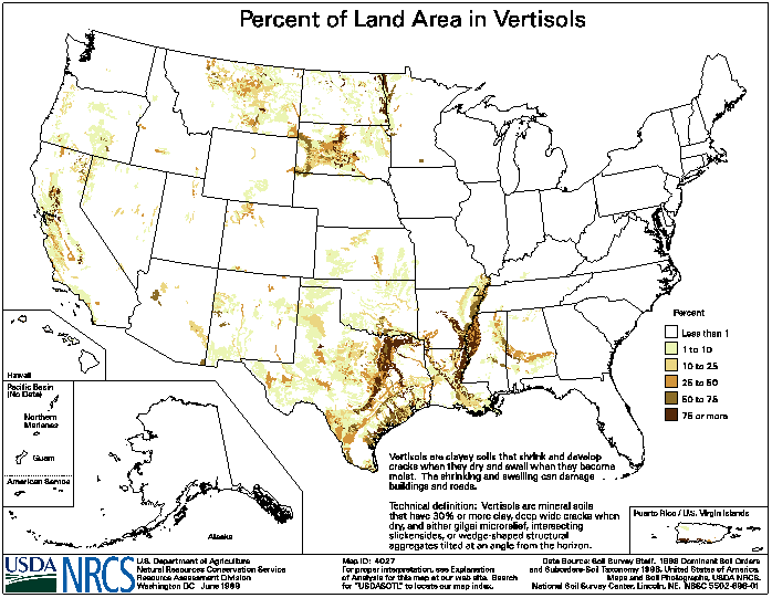 Texas has some of the most expansive clay soils in the nation (darker areas on the map indicate higher percentage of clay-rich Vertisol soil). Major cities like Dallas, Houston, Austin, and San Antonio are located in clay-heavy regions, which is why foundation problems are so prevalent across the state. Vertisols