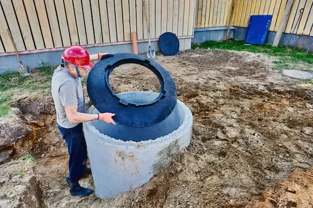 Worker installing concrete drainage ring for foundation water management.
