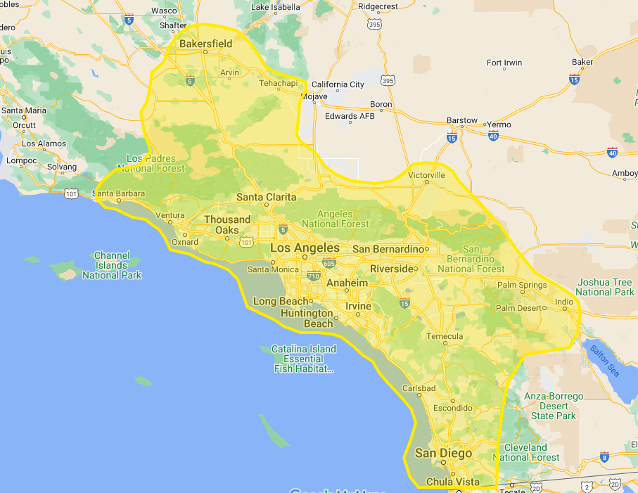 A map of bruin solar service areas in southern california, los angeles, san diego, orange county, ventura, riverside, ventura, santa barbara is shown..