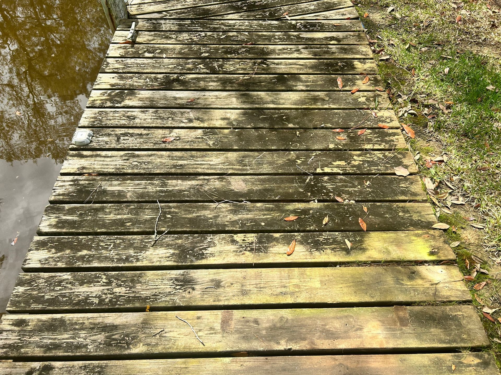 Wooden walkway dirty from mold, algae, and dirt