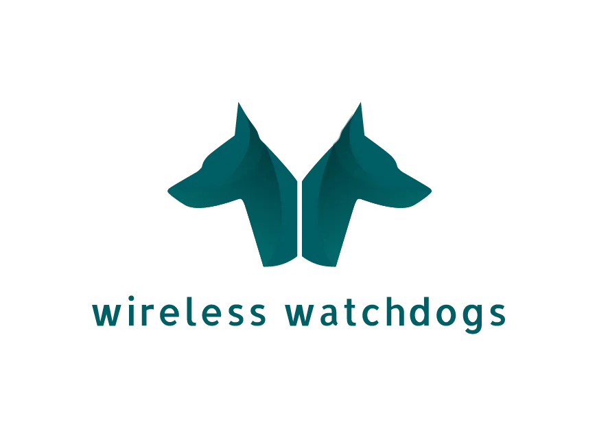 A logo for wireless watchdogs with two dogs on it