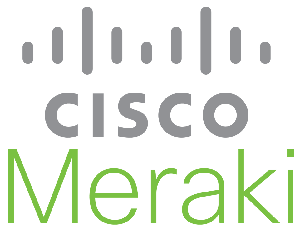 The cisco meraki logo is gray and green on a white background.