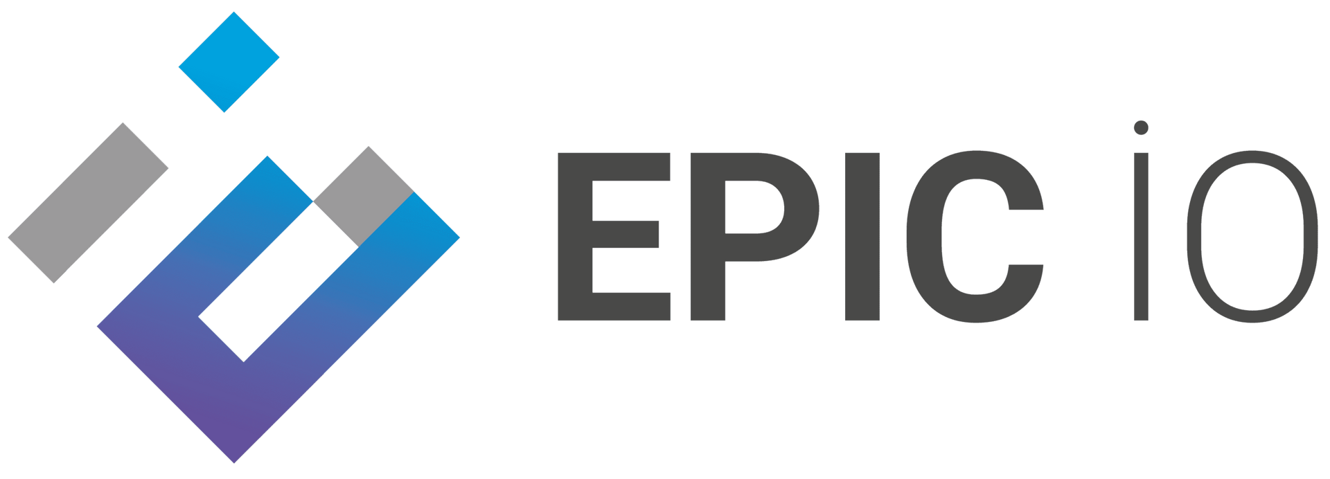 The logo for epic io is a blue and gray square with the word epic io on it.