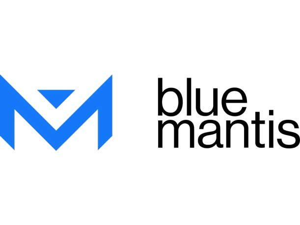 A blue mantis logo with a blue m on a white background.