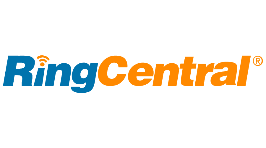 The logo for ringcentral is blue and orange on a white background.
