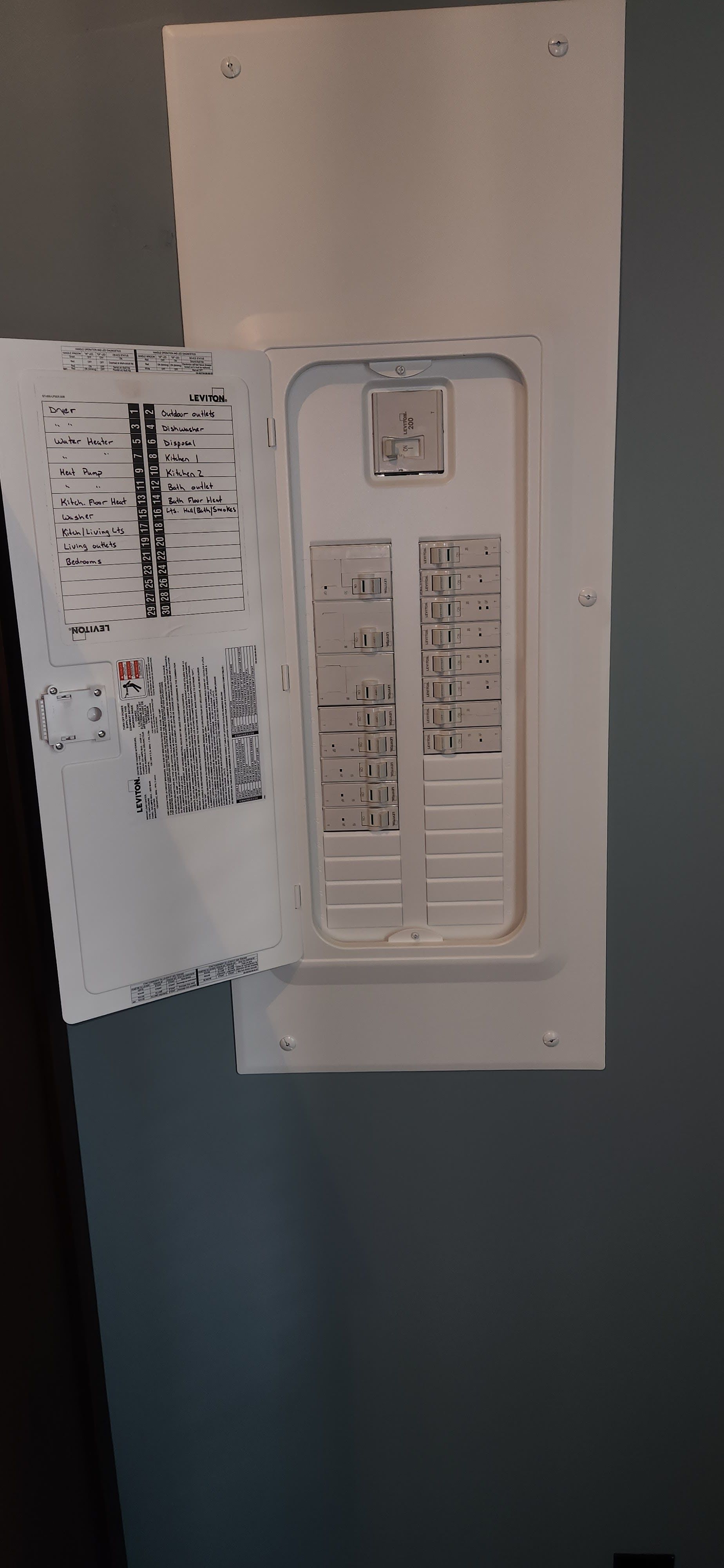 A white electrical box is hanging on a wall.