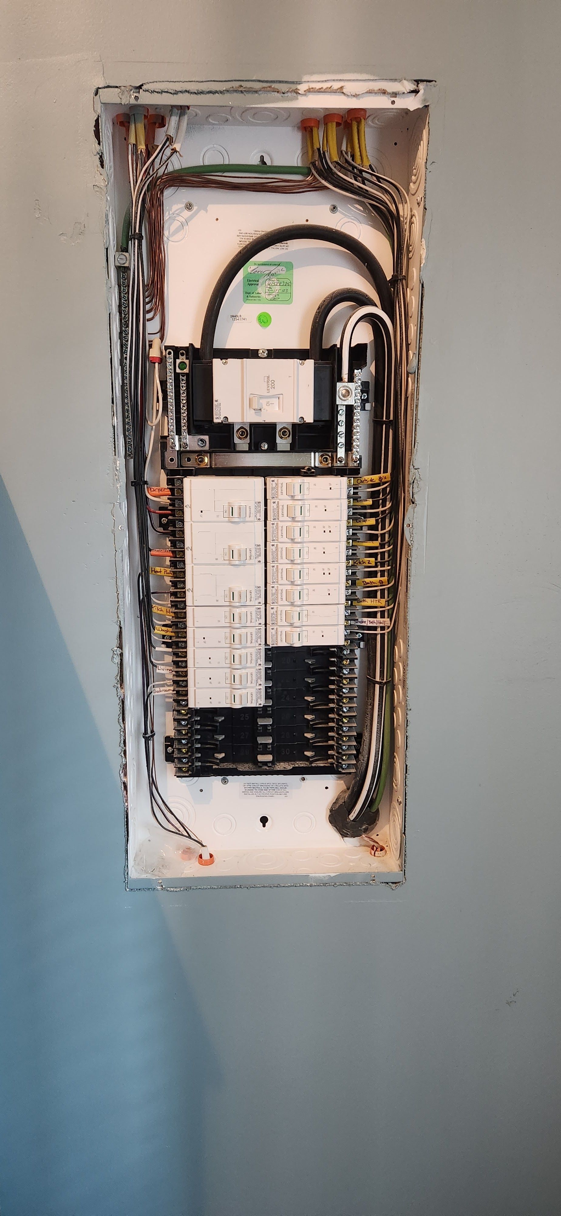 A electrical box is hanging on a wall.