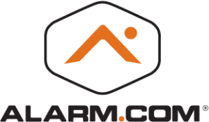 A logo for alarm.com with an orange triangle in a hexagon