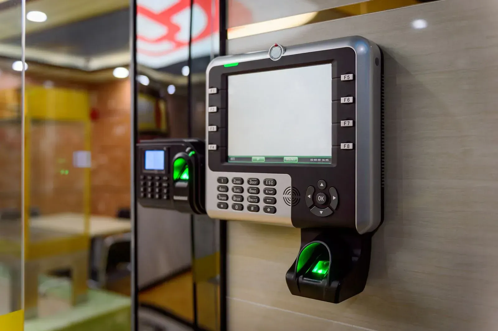 A fingerprint scanner is hanging on a wall next to a door.