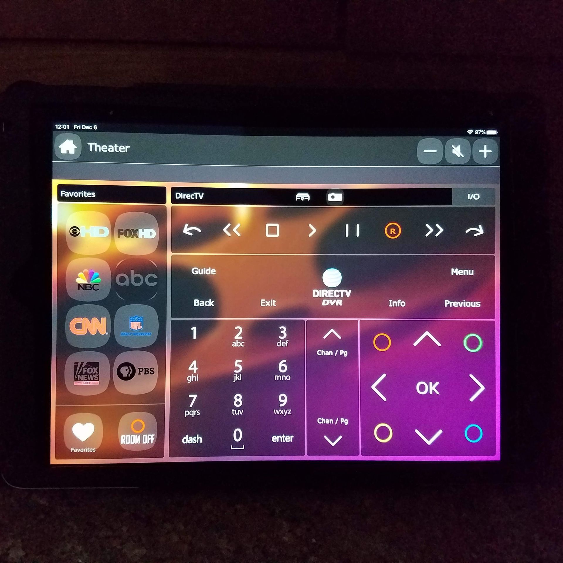 A tablet with a screen that says theater on it