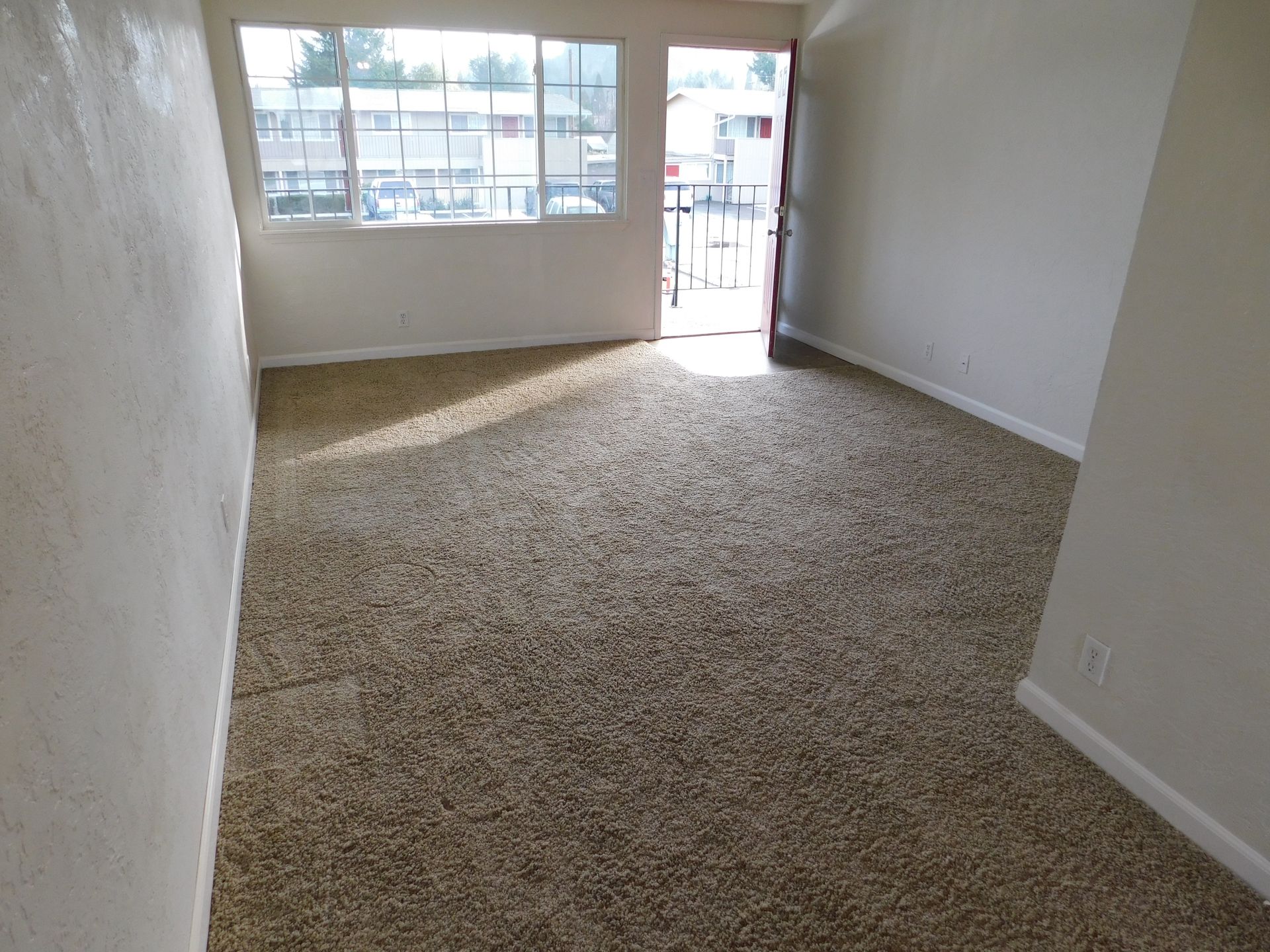 Empty room with tan shag carpet, window, and doorway.