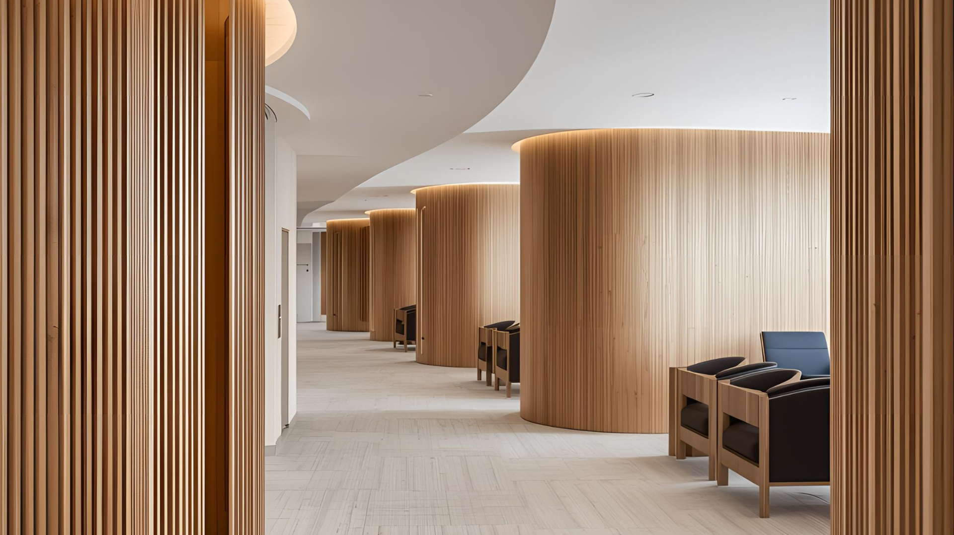 Commercial fit out joinery with timber, curved silhouettes