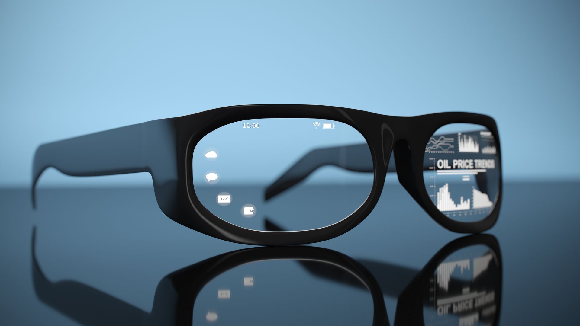 Smart glasses displaying data charts, reflective on a glossy surface. Blue background.
