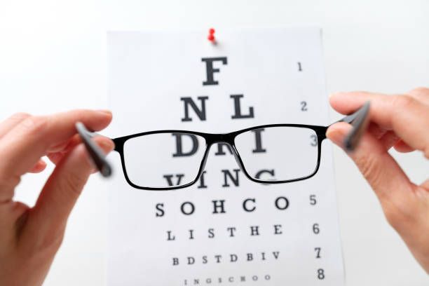 Hands holding glasses in front of an eye chart, testing vision.