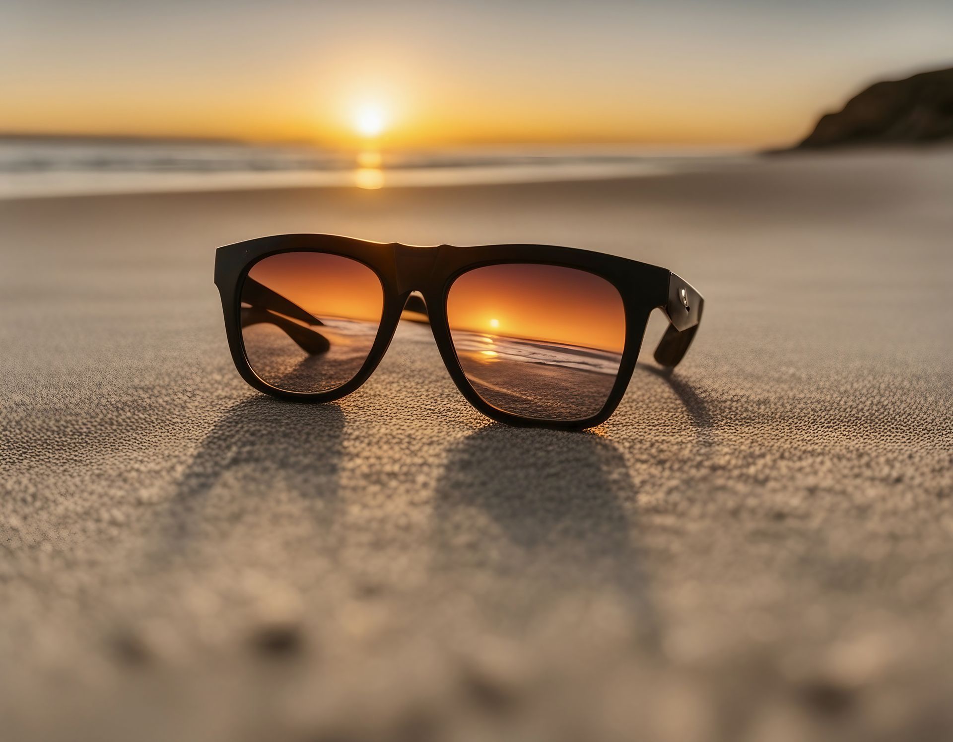 Sunglasses on beach sand reflecting sunset over the ocean.