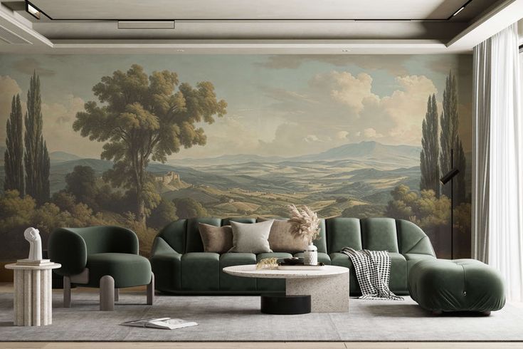 A living room with a couch , chairs , coffee table and a painting on the wall.
